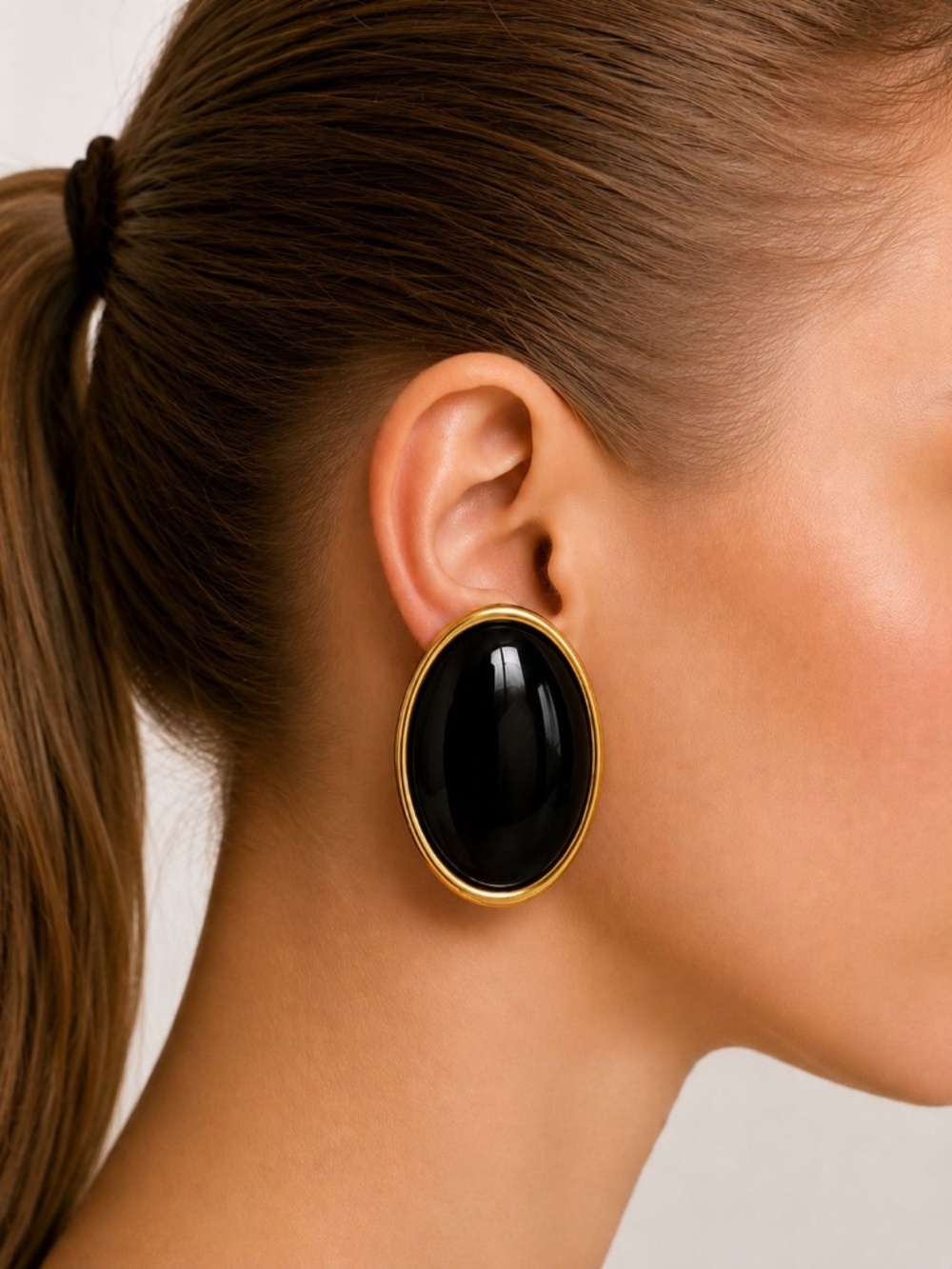 Black Oval Stud Earrings, Vintage Gold Tone Statement Earrings, Retro Minimalist